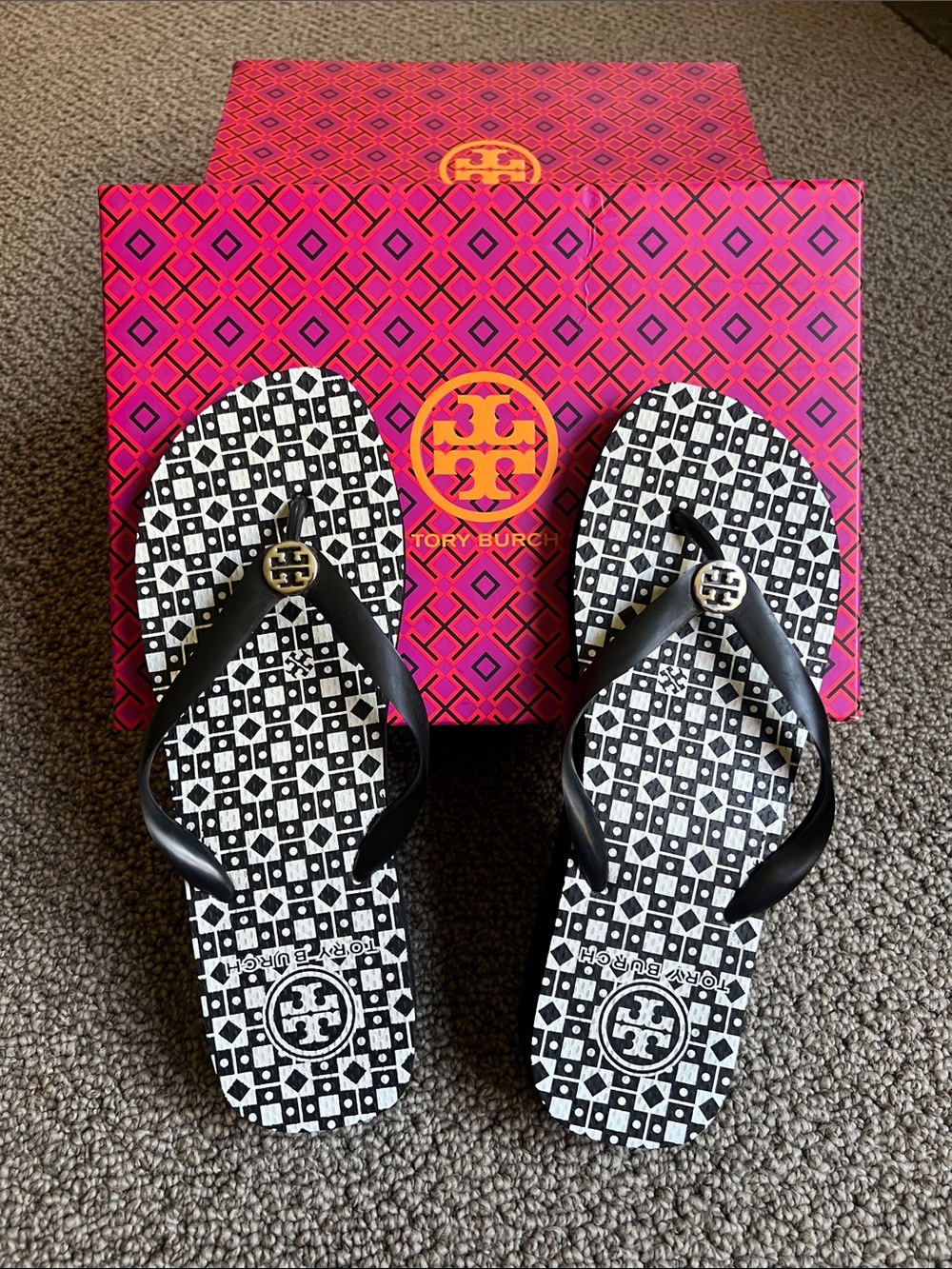 Tory Burch Black Flip Flop Sandals with Silver Emblem w/ Elevated Heel